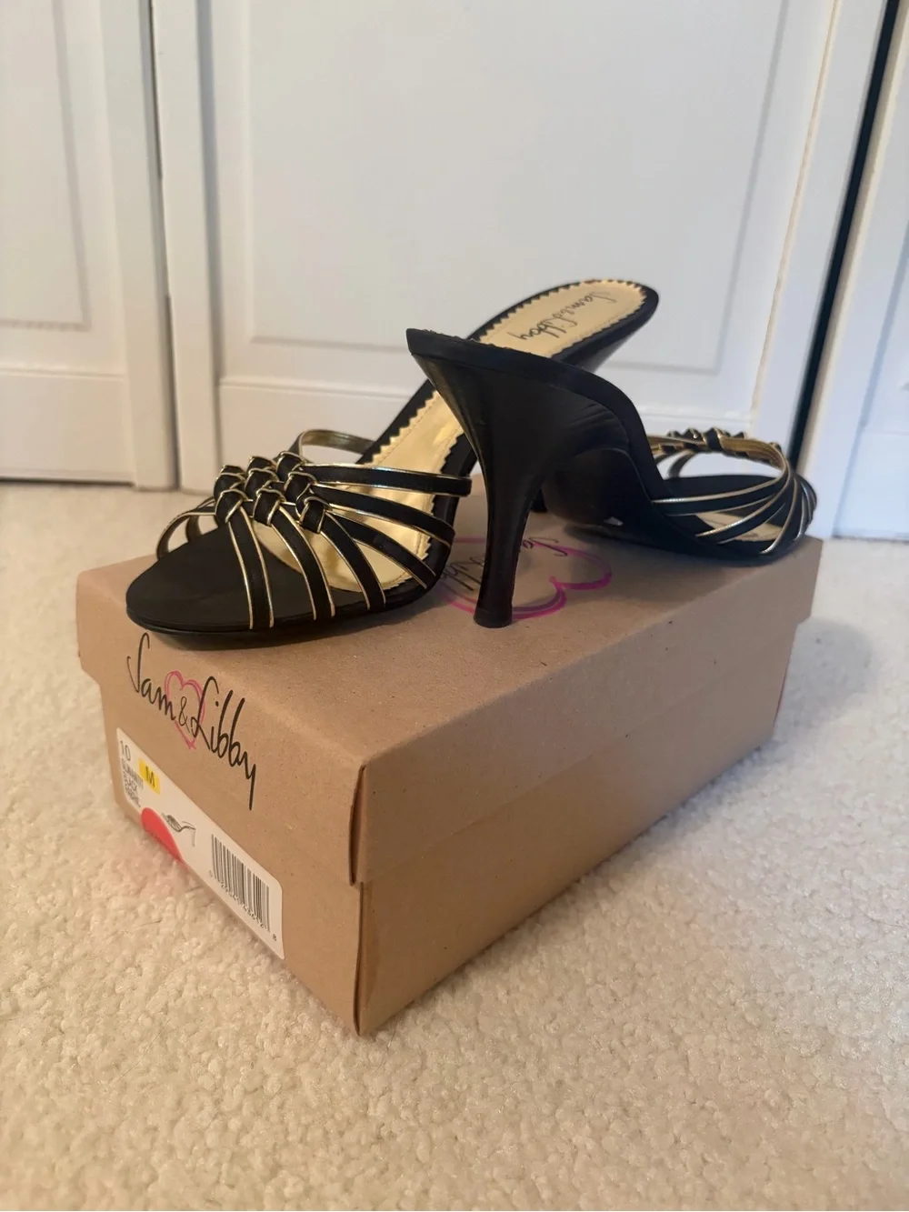 Sam & Libby Black and Gold Strappy Heeled Mules